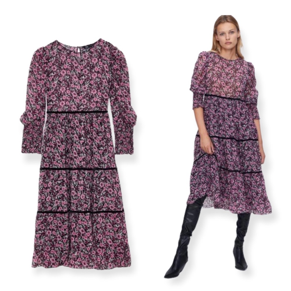 Zara Floral Smocked Midi Dress